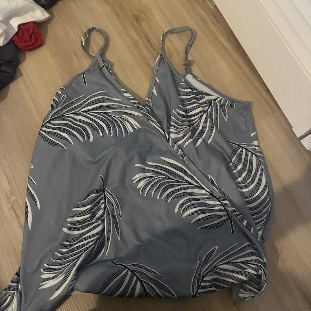 Blue and White Leaf Print Dress